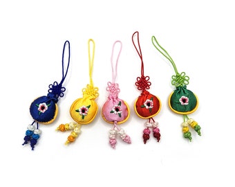 5 Mini Lucky Pouch Charms: Korean Hanbok Ornament, New Year Gift