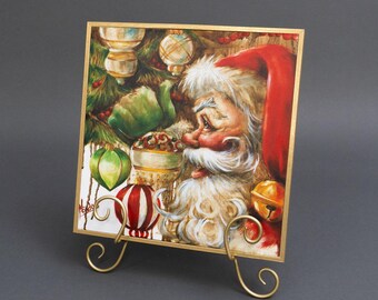Christmas Canvas Art - Santa Framed Canvas Wall Art Silent Night Santa Canvas Art 12"x12" Painting with Easel| Holiday Art Décor
