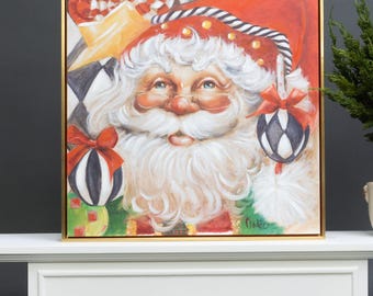 Christmas Canvas Wall Art - Santa Framed Canvas Wall Art Festive Santa with Ornaments Canvas Art 24"x24" Painting | Holiday Art Décor