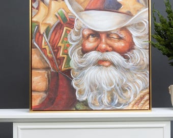 Christmas Canvas Wall Art - Unique Christmas Wall Art Cowboy Santa Christmas Decor 24"x24" Painting | Holiday Art Décor