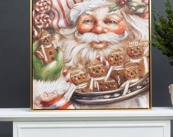 Christmas Canvas Wall Art - Holiday Wall Decorations Santa with Gingerbread Canvas Painting 24"x24" Painting | Holiday Art Décor