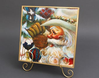 Christmas Canvas Art - Christmas Canvas Wall Art Rhinestone Santa Canvas Art 12"x12" Painting with Easel | Holiday Art Décor