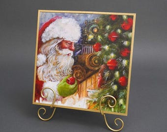 Christmas Canvas Art - Santa Claus Canvas Painting Santa Adorning the Tree Canvas Art 12"x12" Painting with Easel | Holiday Art Decor