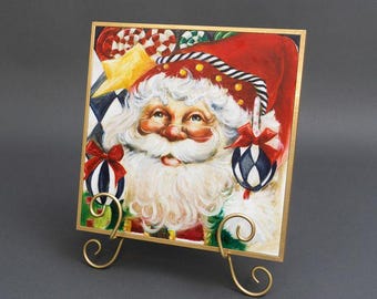 Christmas Canvas Art - Santa Framed Canvas Wall Art Festive Santa with Ornaments Canvas Art 12"x12" Painting with Easel | Holiday Art Décor