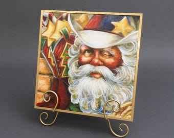 Christmas Canvas Art - Unique Christmas Wall Art Cowboy Santa Christmas Decor 12"x12" Painting with Easel | Holiday Art Décor