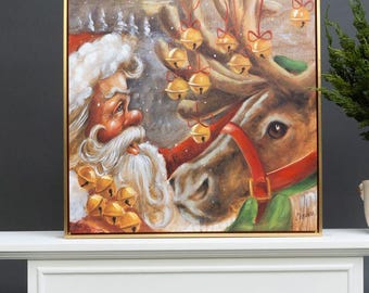 Christmas Canvas Wall Art - Christmas Canvas Painting Santa with a Reindeer Painting 24"x24" Painting | Holiday Art Décor