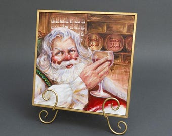 Christmas Canvas Art - Holiday Art Jolly Santa Sipping Wine Canvas Painting 12"x12" Painting with Easel | Holiday Art Decor