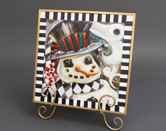 Christmas Canvas Art - Holiday Wall Decorations Whimsical Snowman Canvas Art 12"x12" Painting with Easel | Holiday Art Décor