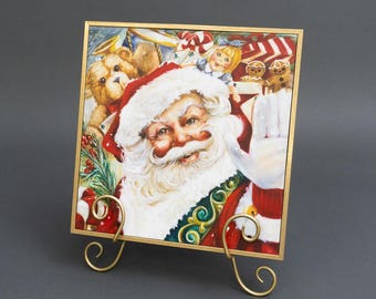 Christmas Canvas Art - Christmas Canvas Painting Cheerful Santa Waving Canvas Art 12"x12" Painting with Easel | Holiday Art Décor