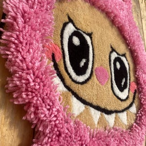 XL Hand-Tufted Pink Labubu Rug: Kawaii Cartoon Art + Heart Gift