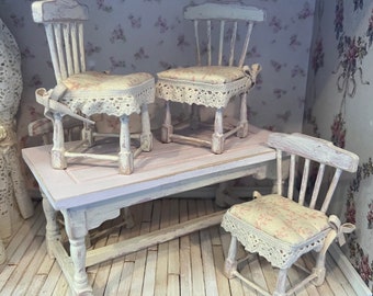 Shabby Chic dollhouse furniture.. miniature dining set.. doll table and chairs.. shabby chic miniature creation