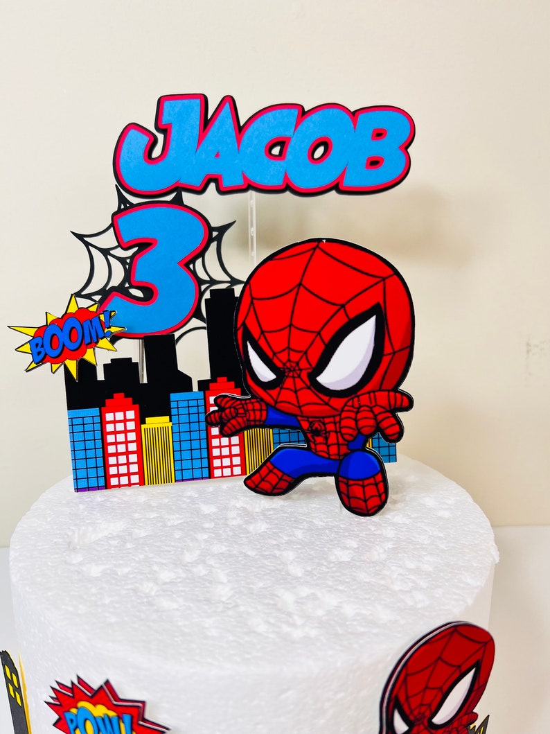 36 PCS Superhero Spider Cake Topper Set - Blue Red Balls, Webs, Stars, Birthday Party Decorations