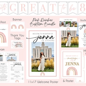 Pode incluir: Conjunto de imprimíveis para batizado com tema arco-íris rosa e marrom, incluindo um pôster de boas-vindas, um convite, um programa, etiquetas de agradecimento, cartões de mensagens e uma faixa. O texto do convite diz "Bem-vindo ao batismo de Jenna Lu Stevens".