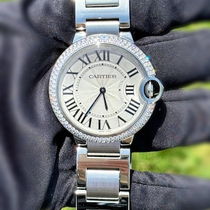 Cartier Ballon Bleu 3005 36mm Stainless Steel Diamond Bezel Silver Roman dial watch & box