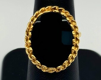 18k Gold Black Onyx Ring, Vintage Cable Bezel, Size 5.75