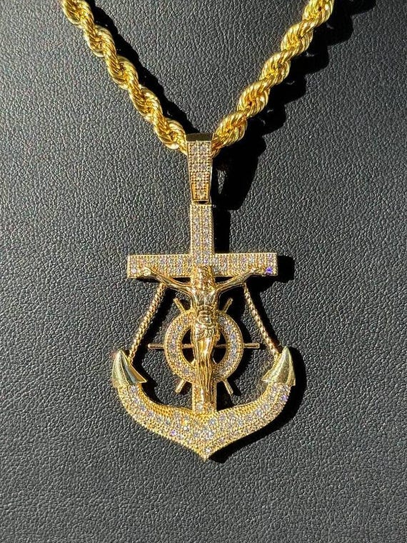 10K Tri Color Gold Mariner Anchor Crucifix Cross Pendant