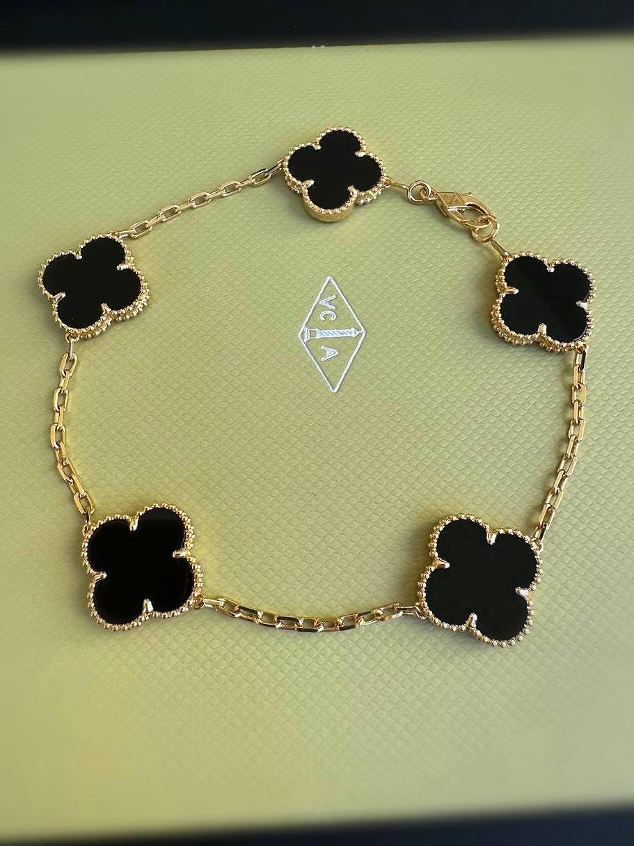 18k Yellow Gold Van Cleef Alhambra Style Black Onyx 5 Motifs