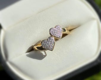 Jewelry 10k solid yellow gold diamonds 0.1CTW double heart ring sz 7.00