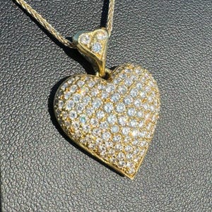 18k Yellow Gold Puff 4 CTW Diamond Heart Pendant & Chain Necklace 16”