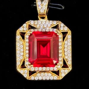 10k solid Yellow gold emerald cut 8CT Ruby CZ stone pendant charm