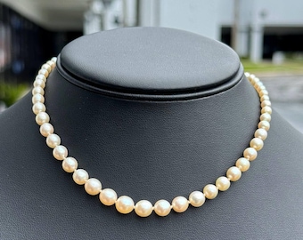 Peut inclure: Un collier de perles de couleur crème exposé sur un buste de mannequin noir. Les perles sont de tailles différentes, les plus grosses étant au centre et les plus petites vers le fermoir. Un bijou classique.
