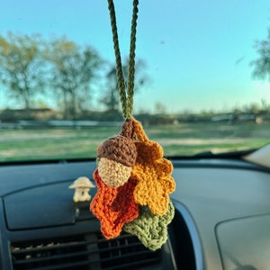 Acorn & Leaves Car Charm | Crochet | Fall Car Accessory