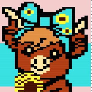 May include: Pixelated image of a brown cow holding a yellow sunflower. The cow wears a blue bow with yellow accents. The background is divided into pink and light blue sections, creating a colorful, whimsical design.