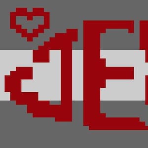 Pode incluir: Gráfico pixelizado com a palavra "JESUS" em vermelho, sobre um fundo cinza com uma faixa branca horizontal. Dois corações vermelhos pixelizados ladeiam o texto, criando um design simples, mas arrojado.