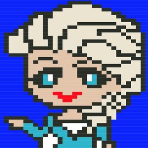 Op de afbeelding: Gepixeleerde illustratie van een personage met blond haar, blauwe ogen en een rode mond. Het personage draagt een lichtblauwe jurk met witte accenten, tegen een blauwe achtergrond. De afbeelding heeft een retro videogame-esthetiek.