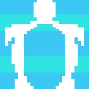 Peut inclure: Silhouette blanche pixélisée d'une tortue marine sur un fond de rayures horizontales bleues et turquoise. La forme de la tortue est nette, avec sa tête, ses nageoires et sa carapace visibles.