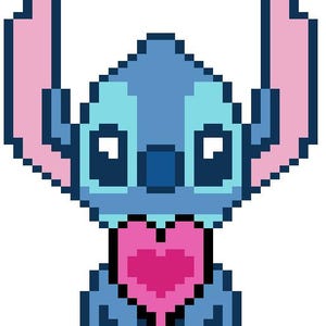 May include: Pixelated image of a blue alien character with large ears and a pink heart-shaped tongue. The character has large eyes and a dark blue nose. The image is a digital illustration with a white background.