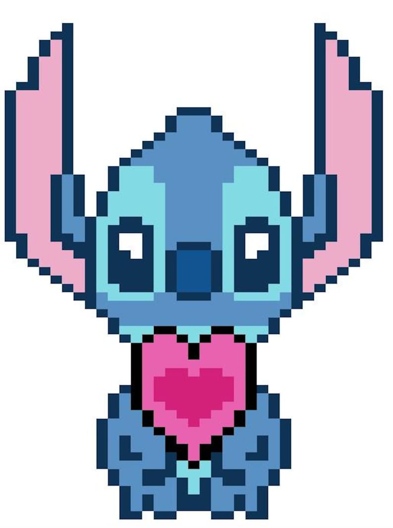 May include: Pixelated image of a blue alien character with large ears and a pink heart-shaped tongue. The character has large eyes and a dark blue nose. The image is a digital illustration with a white background.