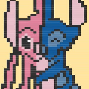 Puede incluir: Imagen pixelada de dos personajes de dibujos animados, uno rosa y otro azul, sobre un fondo amarillo. El personaje rosa tiene orejas grandes y una expresi&oacute;n amigable. El personaje azul abraza al rosa.