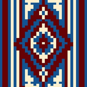 Könnte beinhalten: Rechteckiger Teppich mit geometrischem Muster. Das zentrale Design ist rautenförmig, in Blau-, Burgunder- und Cremetönen. Dunkelblauer Rand mit burgunderfarbenen und cremefarbenen Akzenten.