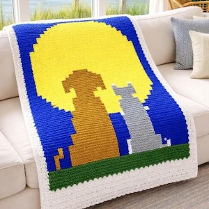 Dog Cat and Moon Throw Blanket Pattern Only/ Chunky Yarn hand Crochet/ Adult Size