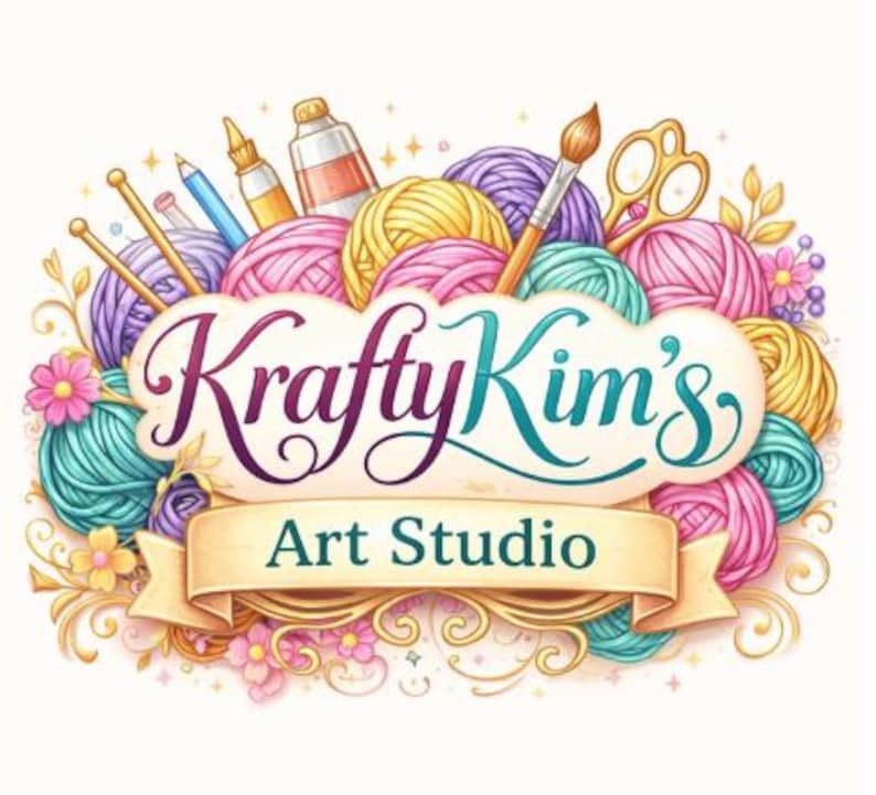 May include: A colorful logo for Krafty Kim's Art Studio, featuring a cloud-shaped design with the business name in purple and teal script. The logo includes yarn balls, art supplies, and a banner that reads "Art Studio."