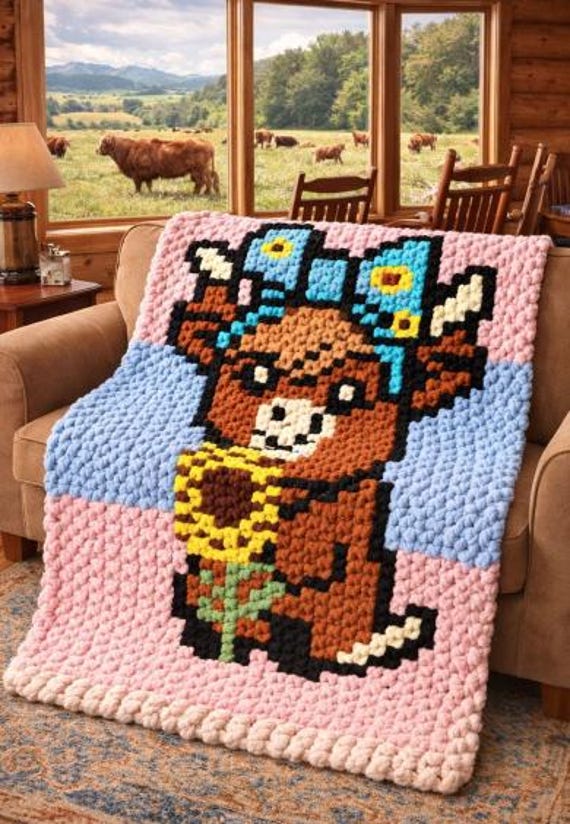 Highland Cow Baby Throw Pattern Only/ Crochet/ Chunky Yarn/ Blanket