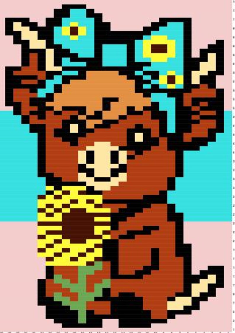 May include: Pixelated image of a brown cow holding a yellow sunflower. The cow wears a blue bow with yellow accents. The background is divided into pink and light blue sections, creating a colorful, whimsical design.