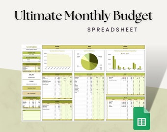 Könnte beinhalten: Eine grüne und weiße Google Sheets-Vorlage für ein monatliches Budget. Die Vorlage enthält Abschnitte für Einnahmen, Ausgaben, Schulden, Rechnungen und einen Kalender. Die Vorlage trägt den Titel "Ultimate Monthly Budget Spreadsheet".