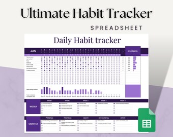 May include: Purple and white printable habit tracker spreadsheet template for January. The template includes daily, weekly, and monthly sections for tracking habits. The template is labeled "Ultimate Habit Tracker Spreadsheet".