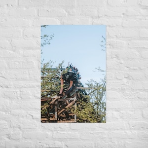 May include: A photograph of a wooden roller coaster ascending a steep incline. The coaster is constructed of weathered wood and rusty metal, with a train full of passengers. Green foliage frames the structure against a clear blue sky.