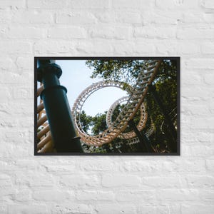 Könnte beinhalten: Gerahmtes Foto einer Achterbahn mit weißer Strecke und Looping-Design. Die Achterbahn befindet sich vor dem Hintergrund grüner Bäume und blauem Himmel. Der Rahmen ist schwarz.