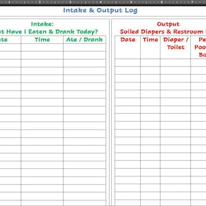 Simple Intake Output Tracker for new parents or sick child. Track Hydration Food intake, Bowel movements & Wet Diapers.