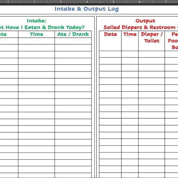 Simple Intake Output Tracker for new parents or sick child. Track Hydration Food intake and Bowel movements & Wet Diapers.