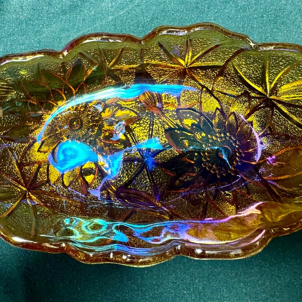 Indiana Carnival Glass Mid-Century Marigold Sunflower Pattern Relish Candy Dish