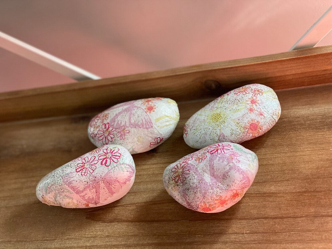 Set of 4 Floral River Rocks, Decorated Rocks, Decoupaged Rocks, Tiered ...