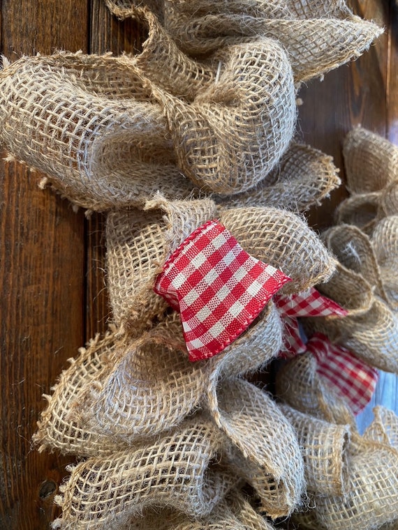 Rustic Burlap Garland With Red and White Checked Ribbon, Farmhouse Decor, 6  Foot Garland 