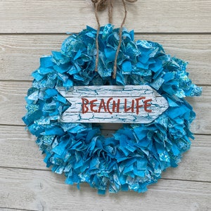 Beach Themed Rag Wreath, Beach Rag Wreath for Door or Wall, Decor for Beach House, Beach wreath with rustic sign, Aqua blue wreath decor