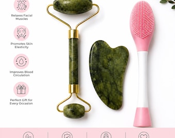 Natural Jade Roller & Gua Sha Set – Facial Massage Tool for Skincare