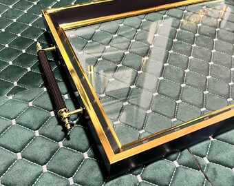 SCHWARZGRÜN - Flossy Gold-Tablett mit Glasboden und strukturiertem Boden, dekoratives Serviertablett, elegantes Glastablett, moderne Inneneinrichtung